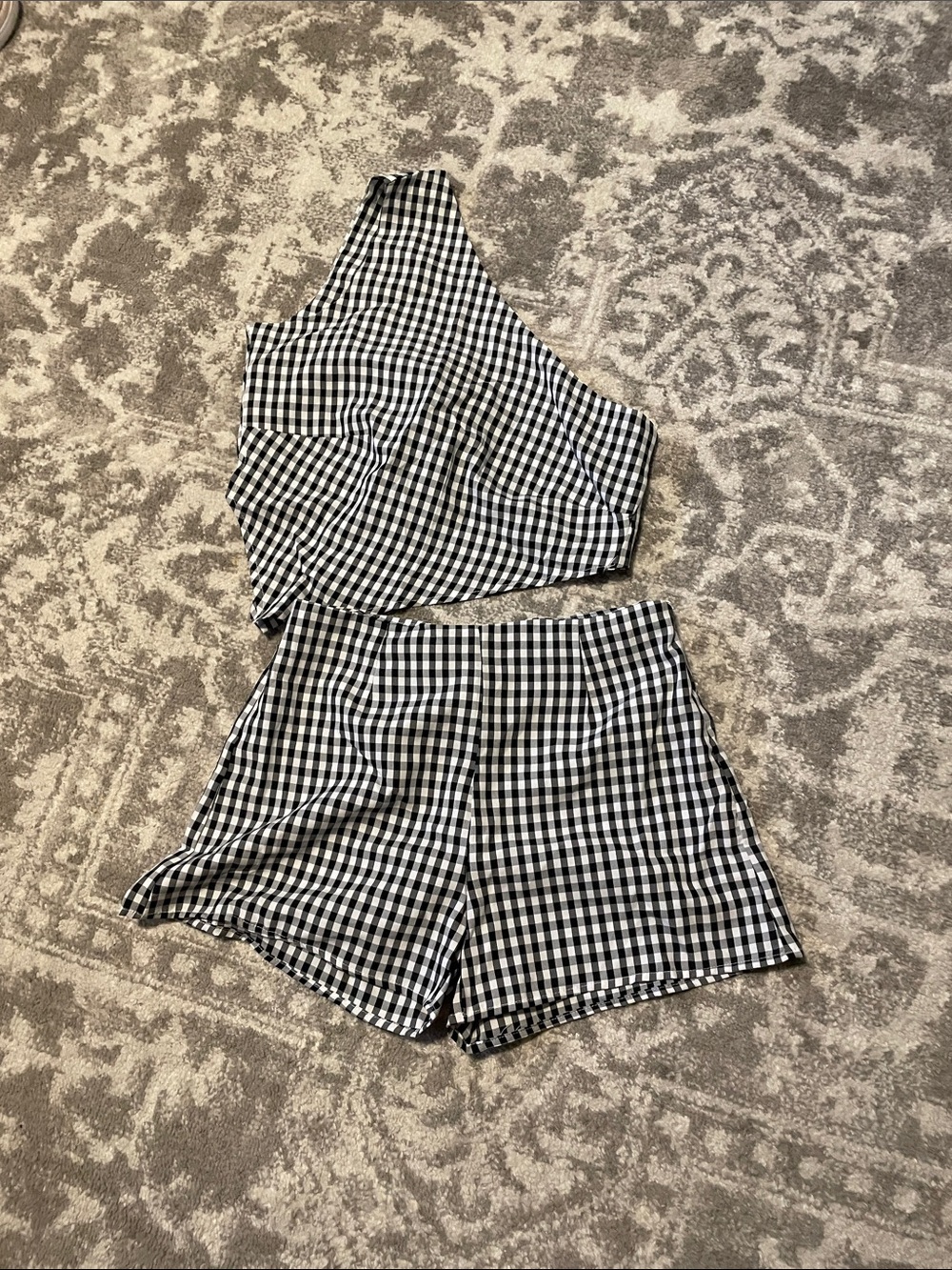 Gingham One-Shoulder Crop Top & Shorts Set - Black/White